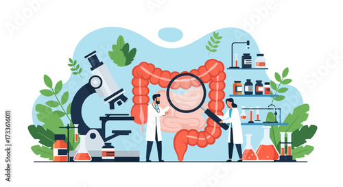 Flat style illustration of doctors studying human intestines with magnifying glass, microscope, and lab equipment, symbolizing digestive health research, medicine, and medical science