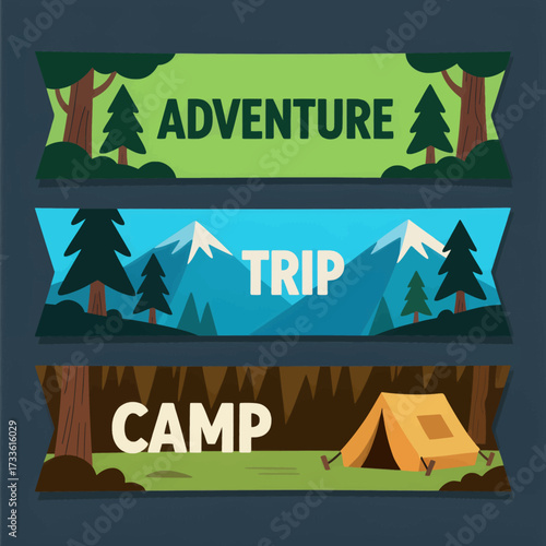 Adventure camp under serene mountain sky with vibrant tent and evergreen trees