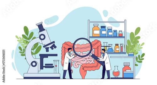 Flat style illustration of doctors studying human intestines with magnifying glass, microscope, and lab equipment, symbolizing digestive health research, medicine, and medical science