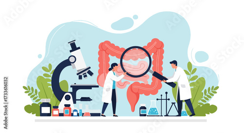 Flat style illustration of doctors studying human intestines with magnifying glass, microscope, and lab equipment, symbolizing digestive health research, medicine, and medical science
