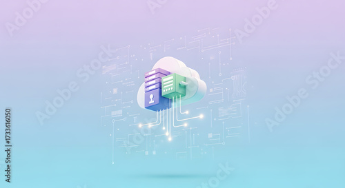 Cloud Storage Icon with Digital Data Flow on Gradient Background