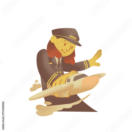 Female pilot or flight attendant posing with a small airplane. Aviation, travel, air transport, job, professional illustration