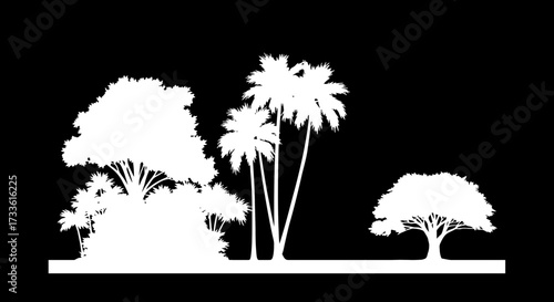 Tropical island tree silhouettes against black background evokes vacation vibe