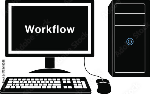 Computer Workstation with Workflow Text on Screen and Power Button desktop monitor