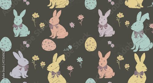 Vintage Easter pattern with bunnies, eggs and flowers creates a festive mood