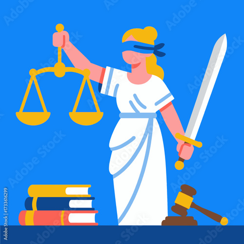 Blindfolded Lady Justice with scales and gavel, books below, under clear blue sky
