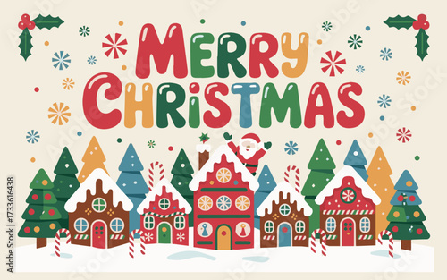Spread holiday cheer with this whimsical Merry Christmas scene featuring adorable gingerbread houses and festive decorations for all your seasonal projects