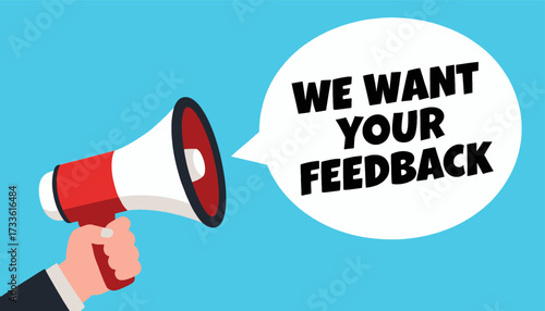 Bold megaphone message for feedback on bright blue sky background