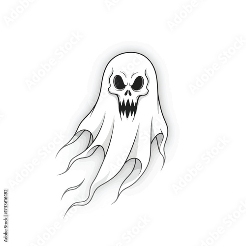 Cartoon illustration of a spooky white ghost with a skull face and flowing fabric.