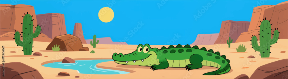 Obraz premium Calm desert oasis with friendly alligator under bright sun