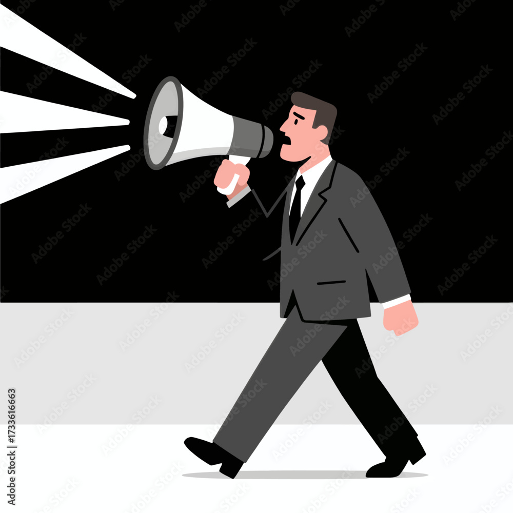 Fototapeta premium Businessman shouting through megaphone against black background