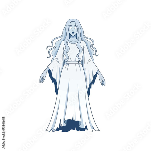 A ghostly figure with long flowing hair and a white dress stands alone.