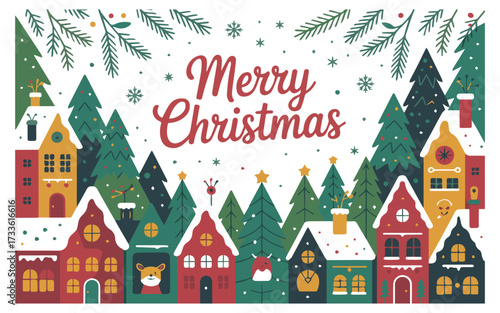 Charming Merry Christmas scene of snow covered village houses nestled among festive evergreen trees, evoking a cozy holiday atmosphere full of cheer