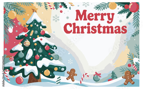 Festive Merry Christmas greeting with decorated Christmas tree, gingerbread men and candy canes for holiday cards and social media posts