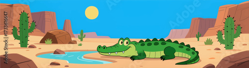 Calm desert oasis with friendly alligator under bright sun