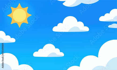 Bright sunny day with fluffy clouds and cheerful blue sky