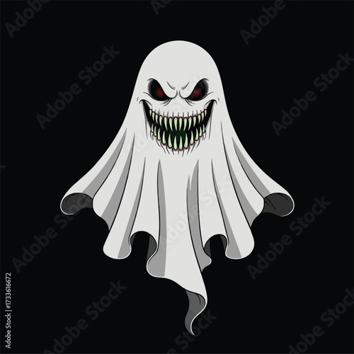 Cartoon illustration of a menacing ghost with sharp teeth and red eyes, floating against a dark background.