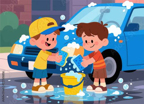 Cheerful kids washing car with soapy sponges under evening sky