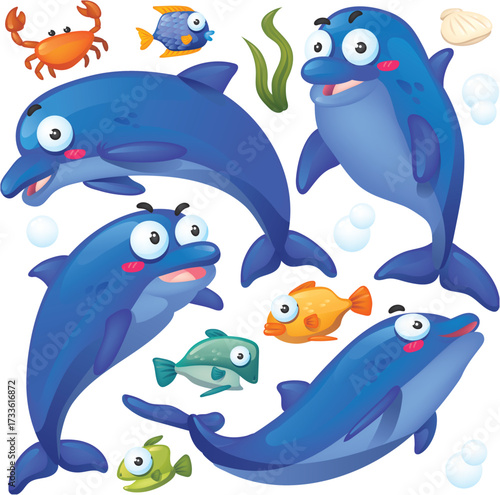 Isolated Cute Dolphin Cartoon Collection
