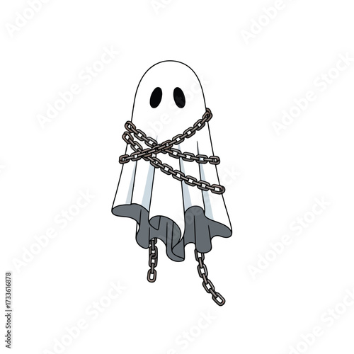 A cartoon ghost figure draped in chains, floating against a white background.