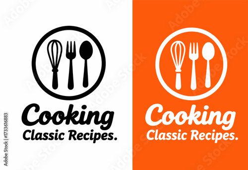 Classic Cooking Recipes: Whisk, Fork, Spoon Icon on White and Orange Background