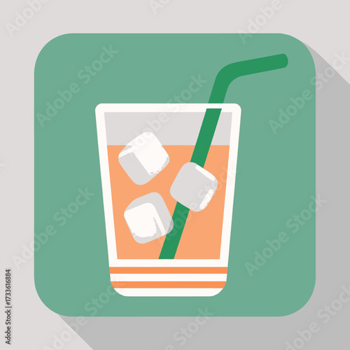 Chilled orange drink with ice cubes and green straw in minimalist style