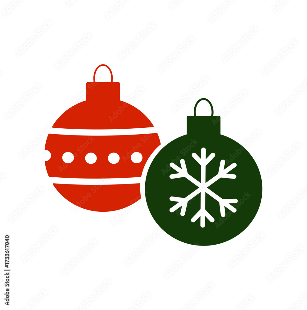 Fototapeta premium Red and green Christmas ornaments with white patterns, isolated on white background