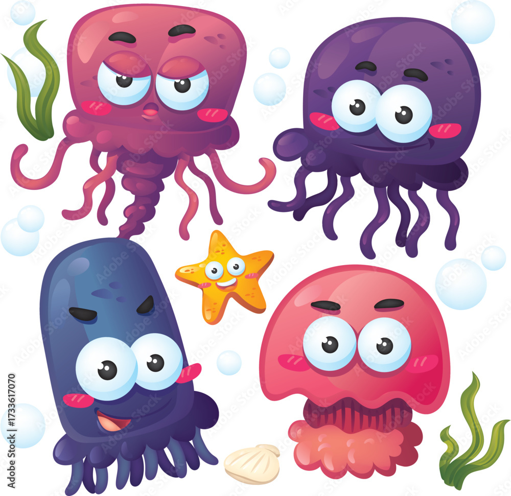 Fototapeta premium Isolated Cute Jellyfish Cartoon Collection