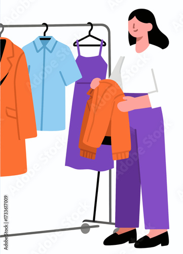 Colorful fashion illustration with vibrant clothing and a stylish woman.
