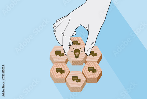 Selecting Bright Ideas from Collaborative Conversations, Hand picks light bulb icon among speech bubble blocks in honeycomb