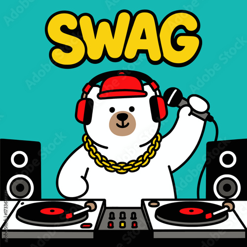 Cool DJ bear with swag at turntables under vibrant teal sky