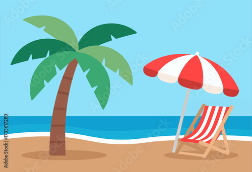 Cozy beach retreat with palm, umbrella, and chair under clear blue sky