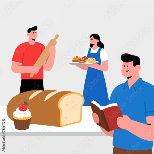 Cozy baking session with friends under soft, warm light