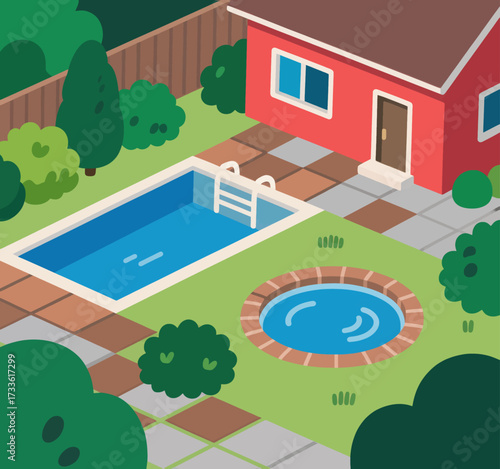 Cozy backyard with pool and fire pit under clear summer sky