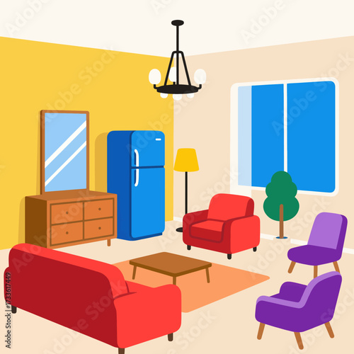 Cozy living room with vibrant furniture and modern decor under bright daylight