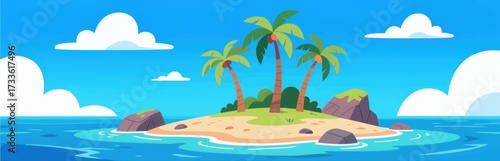 Cozy tropical island paradise under bright blue sky with fluffy white clouds