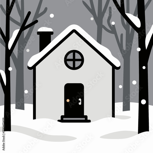 Cozy snow-covered cabin in winter forest at dusk