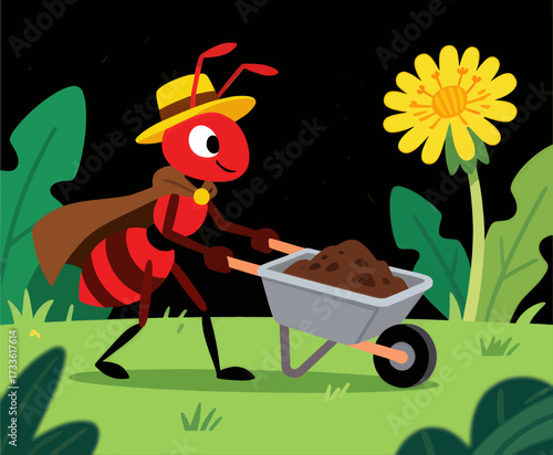 Cute ant pushing wheelbarrow under starry night sky with vibrant flower and green foliage