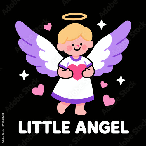 Cute cartoon angel holding heart surrounded by stars and hearts on black background