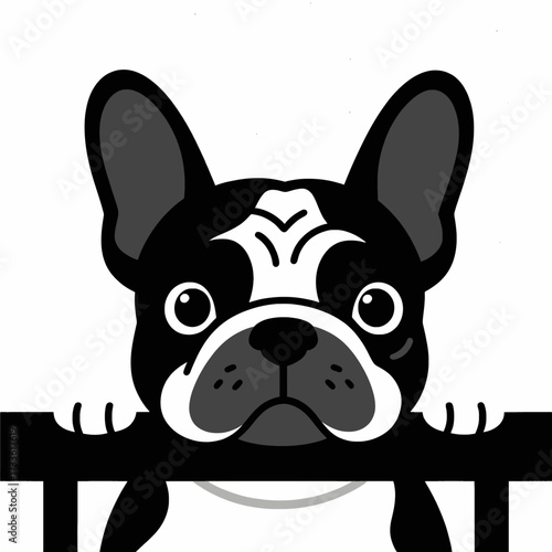 Cute cartoon French Bulldog peeking over a fence with a curious expression