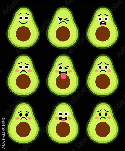 Cute avocado emojis with various expressions on a black background