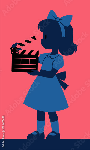 Cute girl holding clapperboard against vibrant pink background