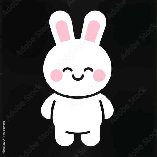 Cute cartoon bunny with pink cheeks and big smile against black background