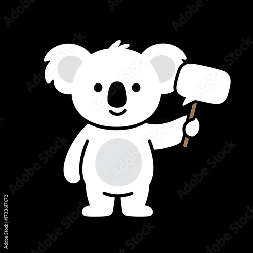 Cute koala holding speech bubble against black background