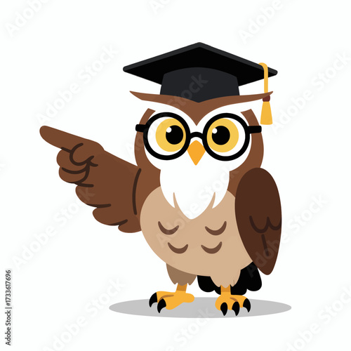 Cute owl in graduation cap pointing forward with wisdom and knowledge