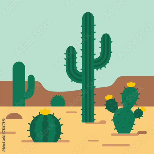 Desert cacti in flat design under clear sky with sandy ground