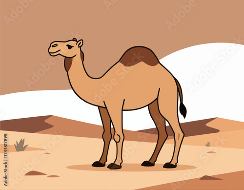 Desert camel in sandy dunes under warm, soft light