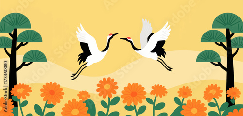 Elegant cranes dance over vibrant orange flowers in a serene, sunlit meadow with stylized trees.
