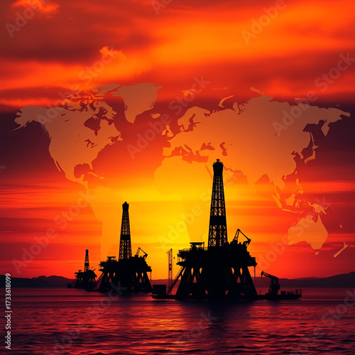 Wallpaper Mural Oil rigs silhouetted against fiery sunset with world map overlay, symbolizing global energy trade and geopolitics. scene evokes sense of industrial power and environmental impact Torontodigital.ca