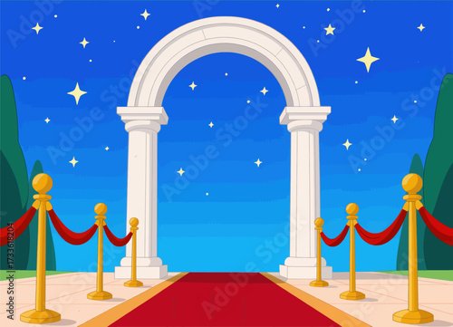 Elegant night sky with stars, red carpet, and grand archway entrance